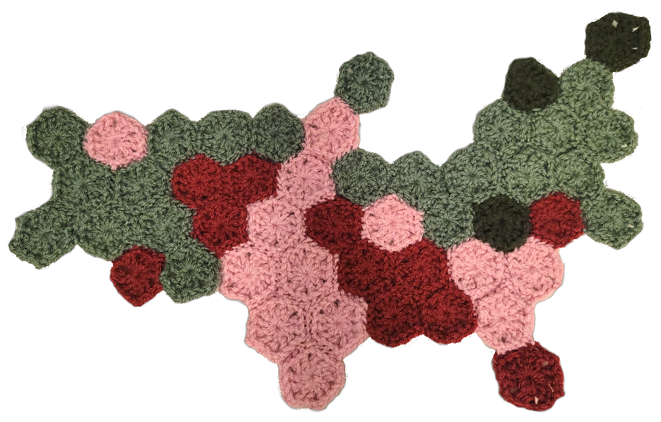 Crochet map of the United States made up of a series of hexagons that represent a state and its respective level of voting rights for the formerly incarcerated.